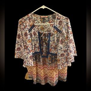 Olive Hill Peasant Style Colorful Floral Blouse, Flowy 3/4 Sleeves, Size Medium